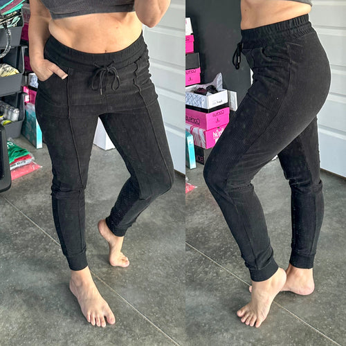 High Waisted Terry Joggers In Soft Black - Maple Row Boutique 