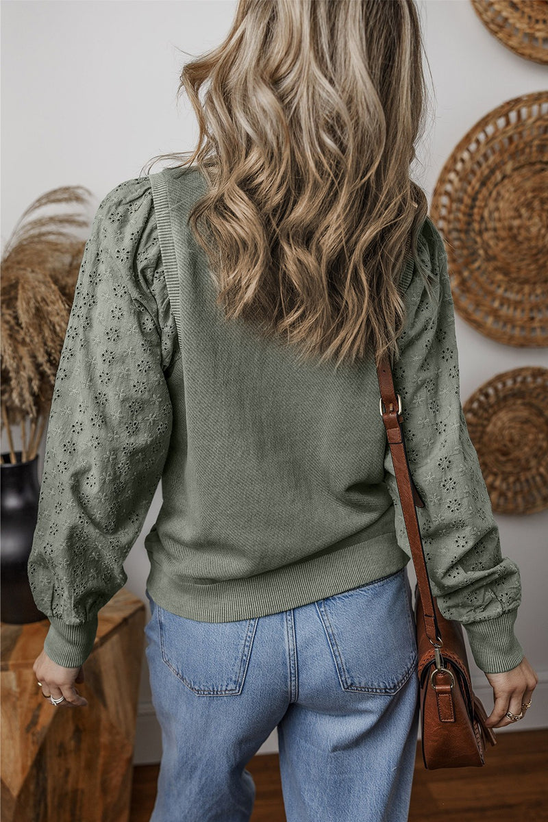 Eyelet Round Neck Long Sleeve Sweatshirt - Maple Row Boutique 