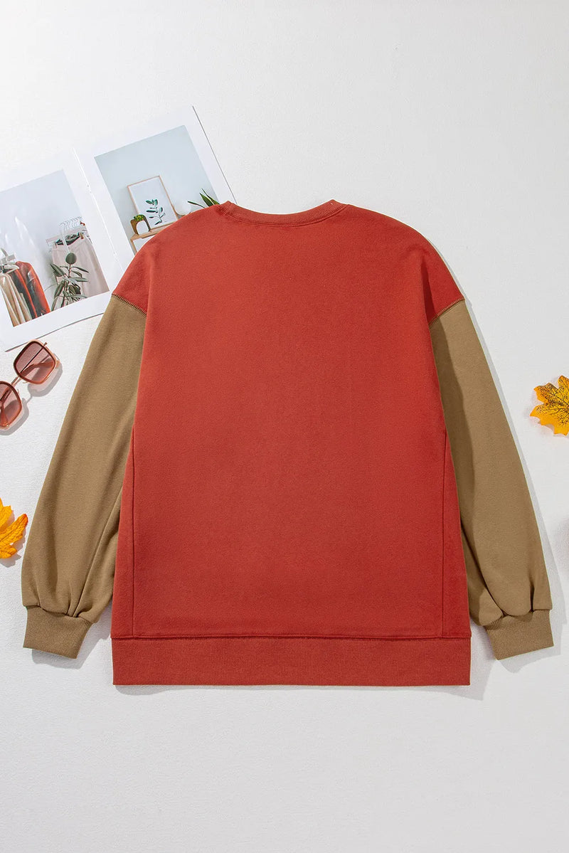 Contrast Round Neck Long Sleeve Sweatshirt - Maple Row Boutique 