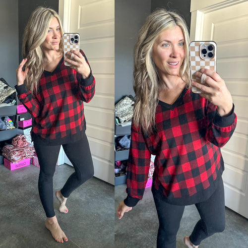 V Neck Long Sleeve Knit Top In Red Buffalo Plaid - Maple Row Boutique 