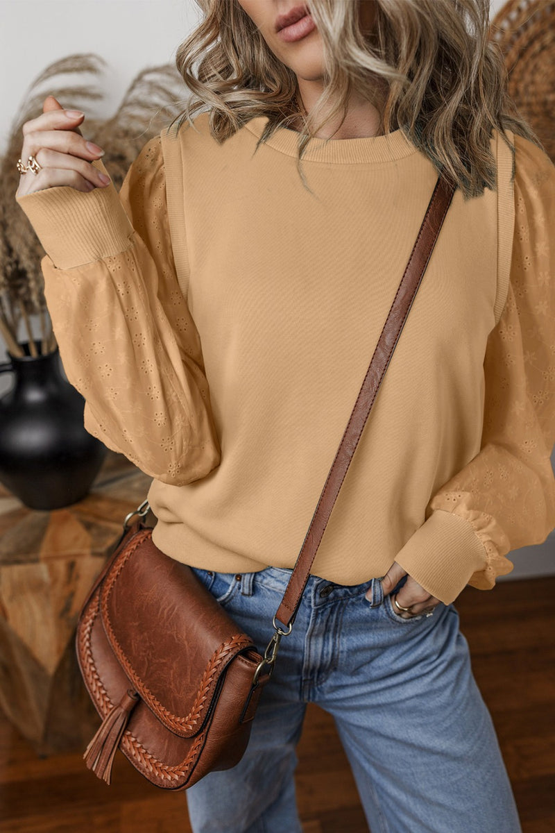 Eyelet Round Neck Long Sleeve Sweatshirt - Maple Row Boutique 