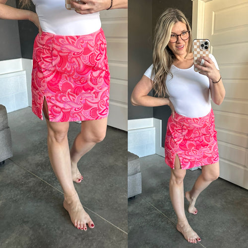 Zipper Corduroy Skirt With Front Slit In Pink Paisley - Maple Row Boutique 
