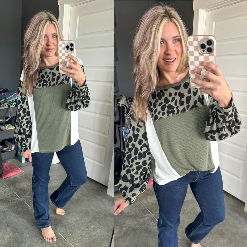 Color Block Long Sleeve Top In Sage & Leopard - Maple Row Boutique 