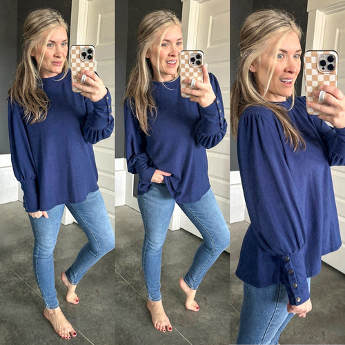 Cashmere Soft Button Sleeve Detailed Top In Royal Navy - Maple Row Boutique 