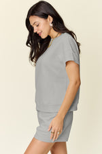 Double Take Full Size Texture Short Sleeve T-Shirt and Drawstring Shorts Set - Maple Row Boutique 