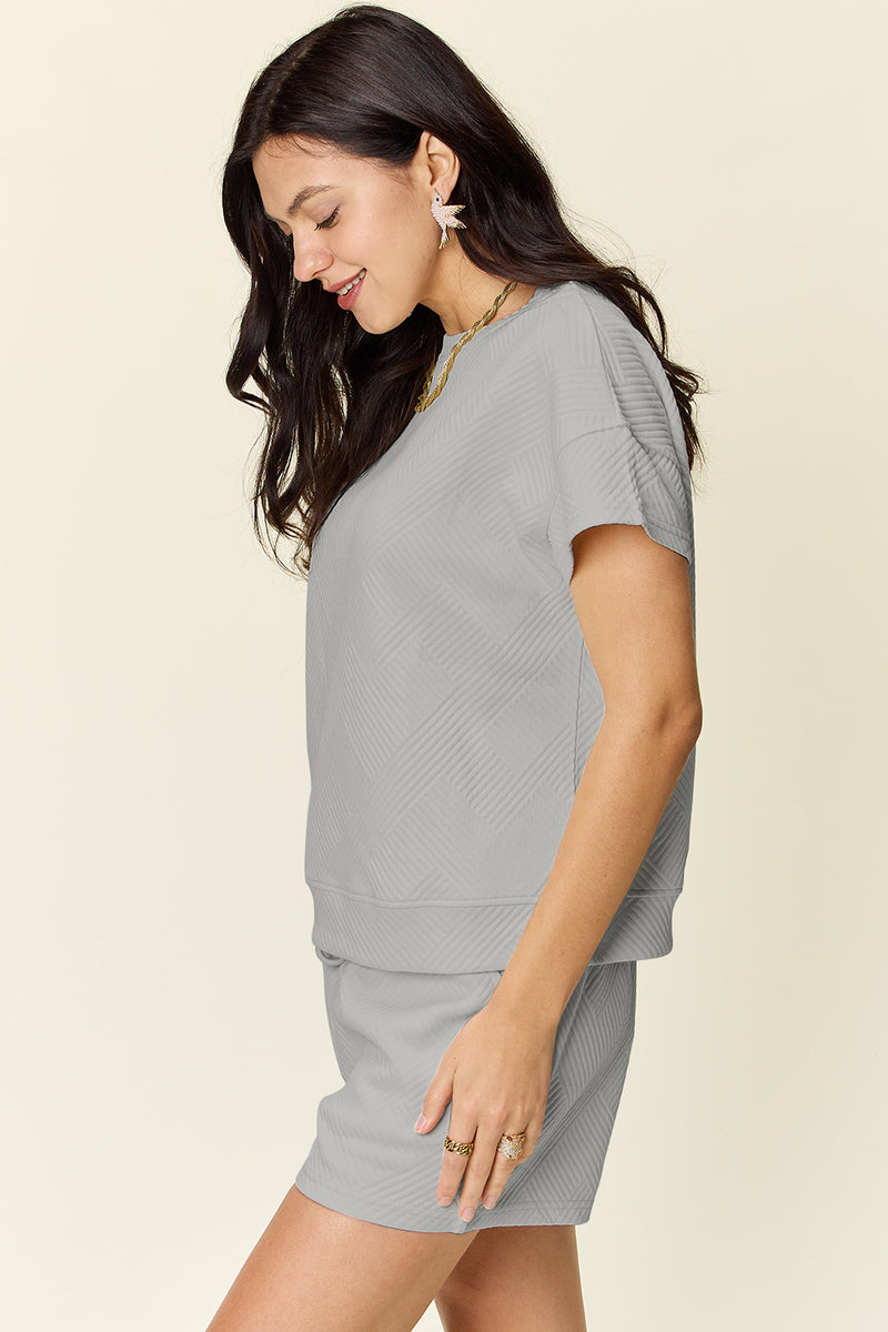 Double Take Full Size Texture Short Sleeve T-Shirt and Drawstring Shorts Set - Maple Row Boutique 