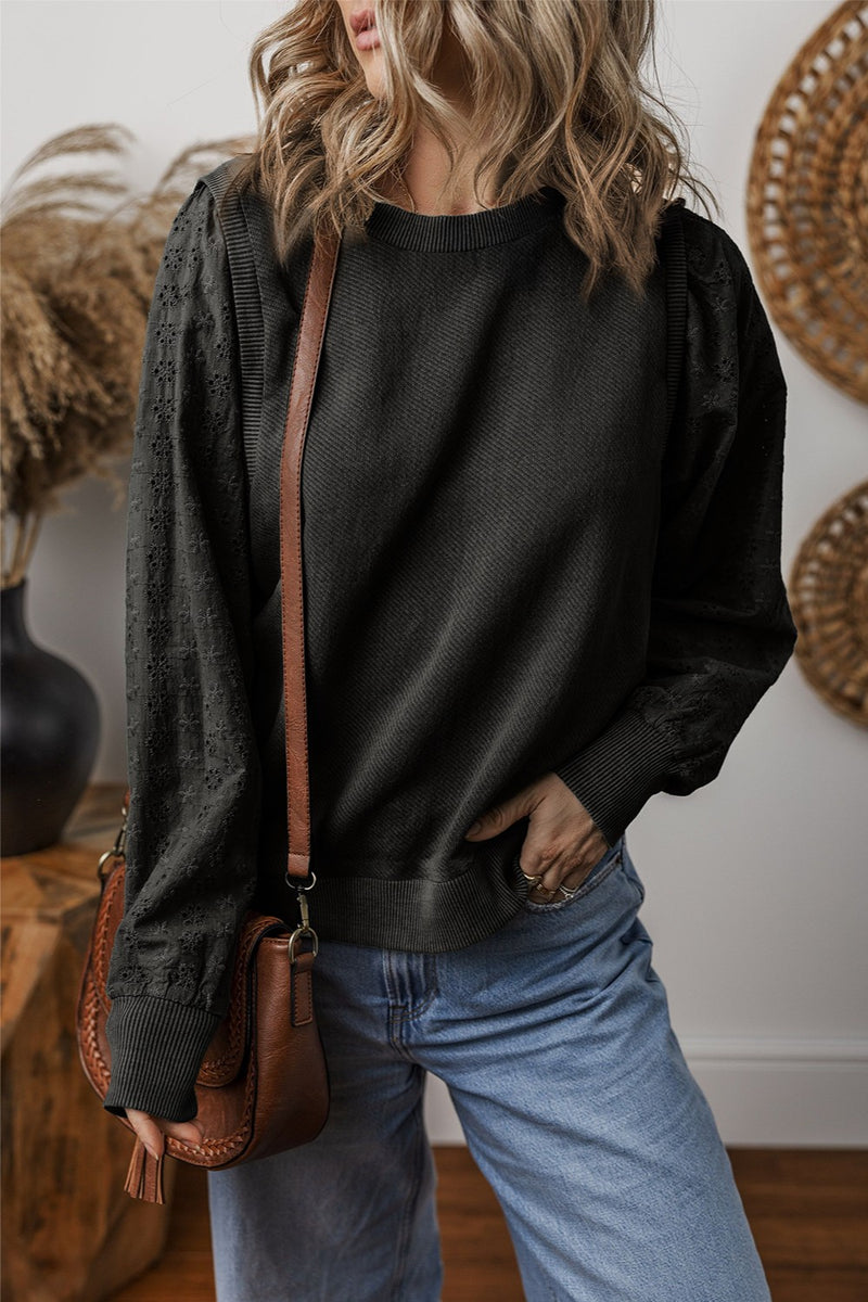 Eyelet Round Neck Long Sleeve Sweatshirt - Maple Row Boutique 