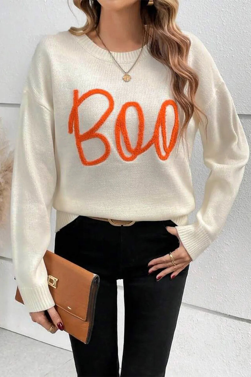 BOO Round Neck Long Sleeve Sweater - Maple Row Boutique 