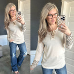 Button Front Pointelle Henley With Leopard Print Sleeves In Cream - Maple Row Boutique 