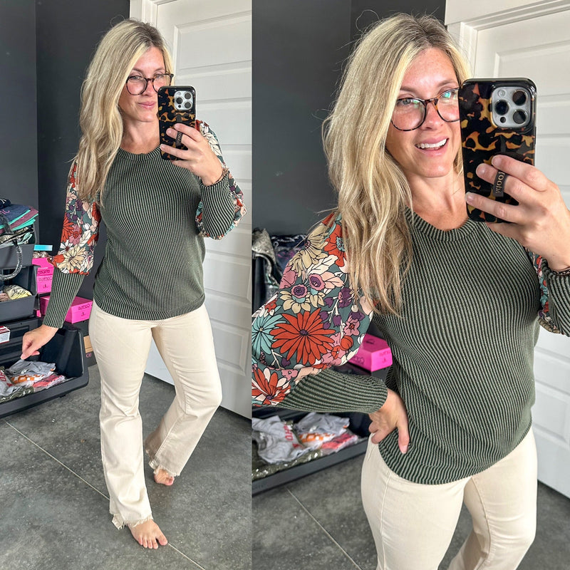 Olive Knit Top With Floral Sleeves - Maple Row Boutique 