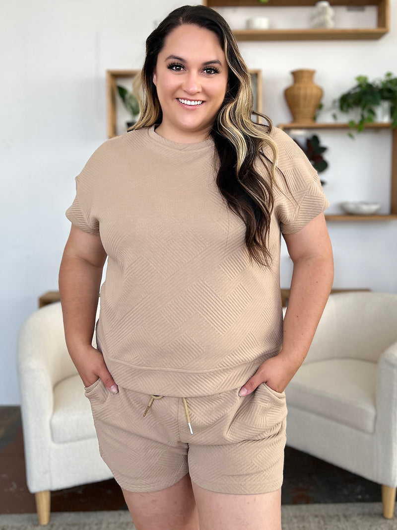 Double Take Full Size Texture Short Sleeve T-Shirt and Drawstring Shorts Set - Maple Row Boutique 