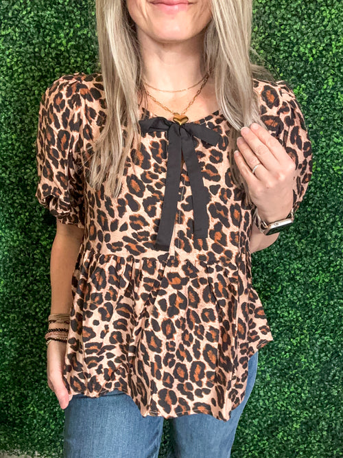 Balloon Sleeve Leopard Bow Blouse - Maple Row Boutique
