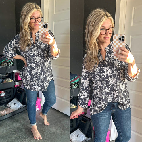 Gabby Front Top With Button Sleeves In Slate Florals - Maple Row Boutique 