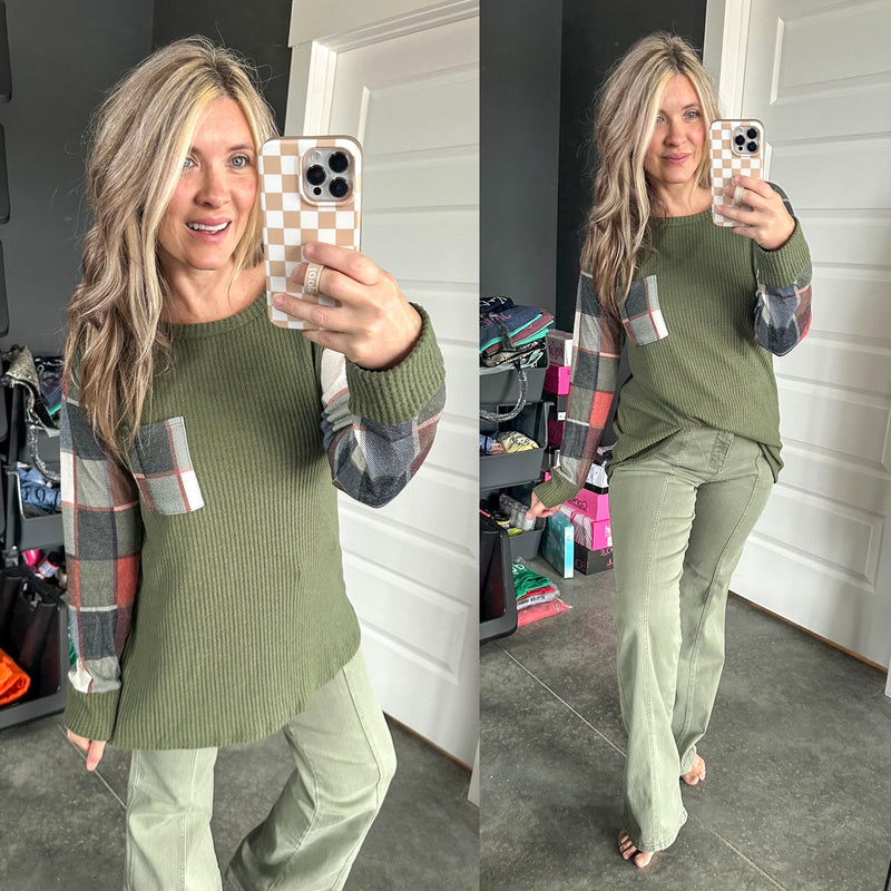 Raglan Olive Waffle Knit Top with Plaid Sleeve - Maple Row Boutique 