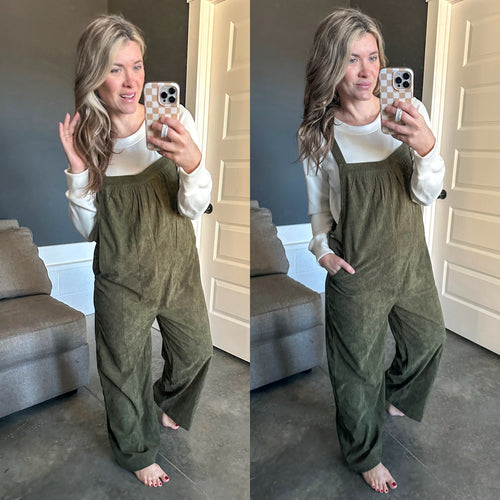 Olive Corduroy Overall Jumper - Maple Row Boutique 