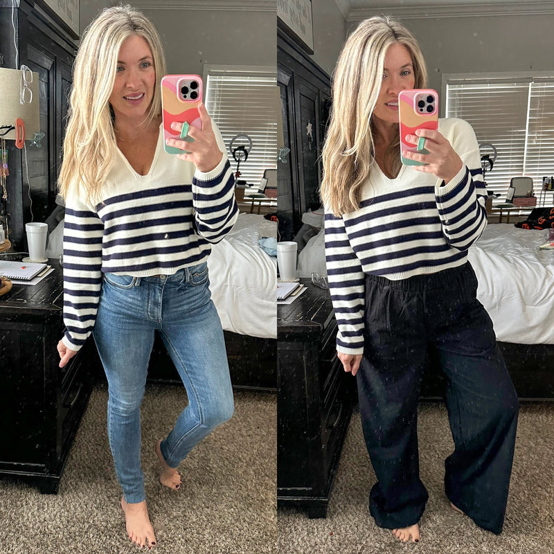 Memorable Moments Striped Sweater in White - Maple Row Boutique 