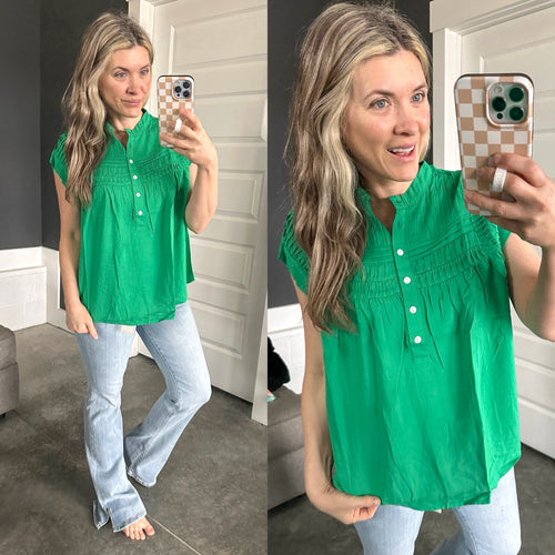Button Front Pleated Blouse In Spring Green - Maple Row Boutique 