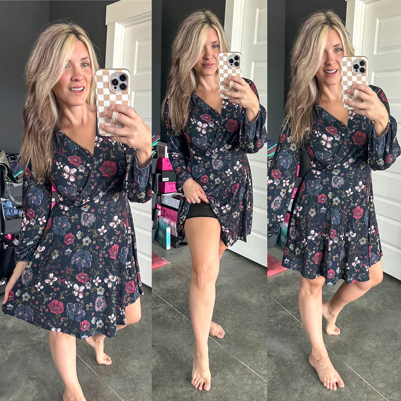 Long Sleeve Surplice Dress With Attached Shorts In Navy Florals - Maple Row Boutique 