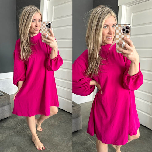 Mock Neck Long Sleeve Blouse Dress In Deep Magenta - Maple Row Boutique 