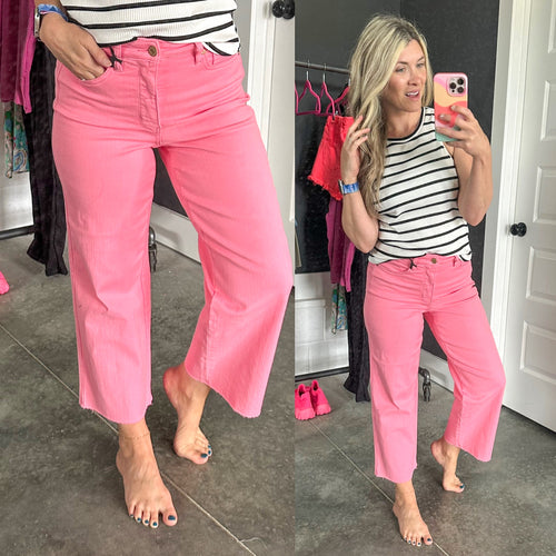 Lisa High Rise Control Top Wide Leg Crop Jeans in Pink - Maple Row Boutique 