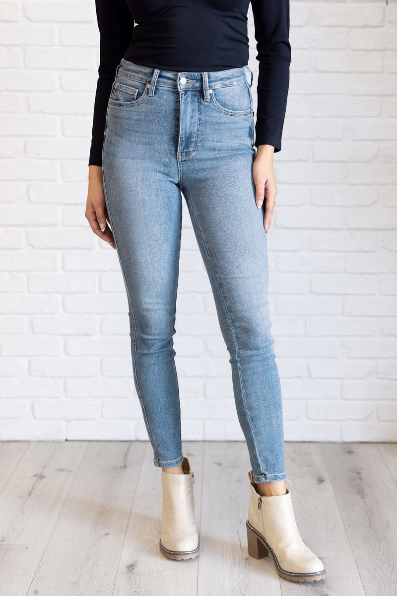 Justine High Rise Control Top Contrast Wash Skinny Jeans - Maple Row Boutique