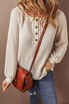Waffle-Knit Half Button Round Neck Long Sleeve Top - Maple Row Boutique 
