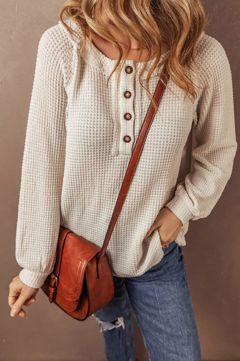 Waffle-Knit Half Button Round Neck Long Sleeve Top - Maple Row Boutique 