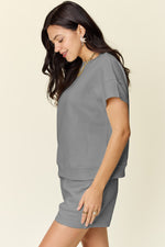 Double Take Full Size Texture Short Sleeve T-Shirt and Drawstring Shorts Set - Maple Row Boutique 