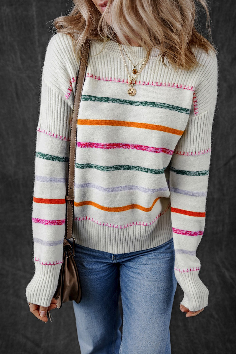 Striped Round Neck Dropped Shoulder Sweater - Maple Row Boutique 