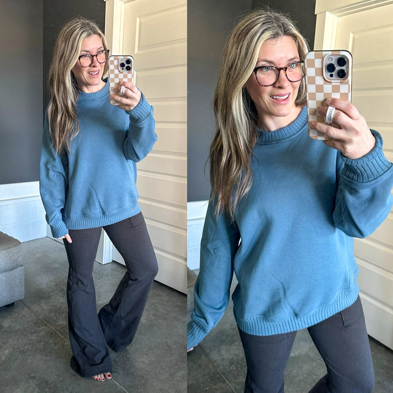 Crewneck Pullover With Sweater Knit Detail In Dusty Blue - Maple Row Boutique 