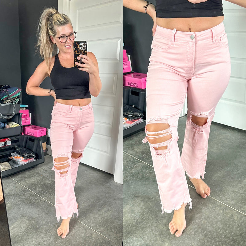Risen Pink High Rise Distressed Kick-Flare Jeans - Maple Row Boutique 