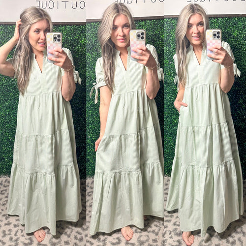 light blue mini dress flowy Stripe Tiered Maxi Dress in Green – Maple Row Boutique