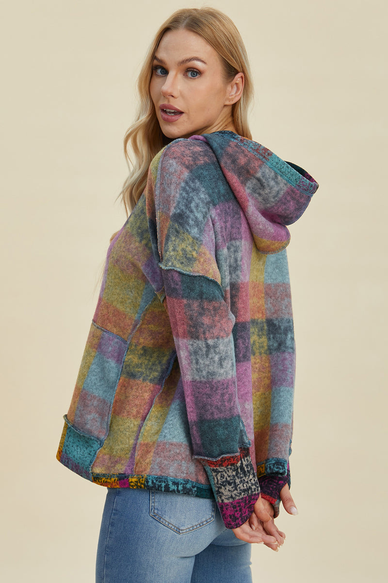 Double Take Full Size Plaid Dropped Shoulder Hoodie - Maple Row Boutique 