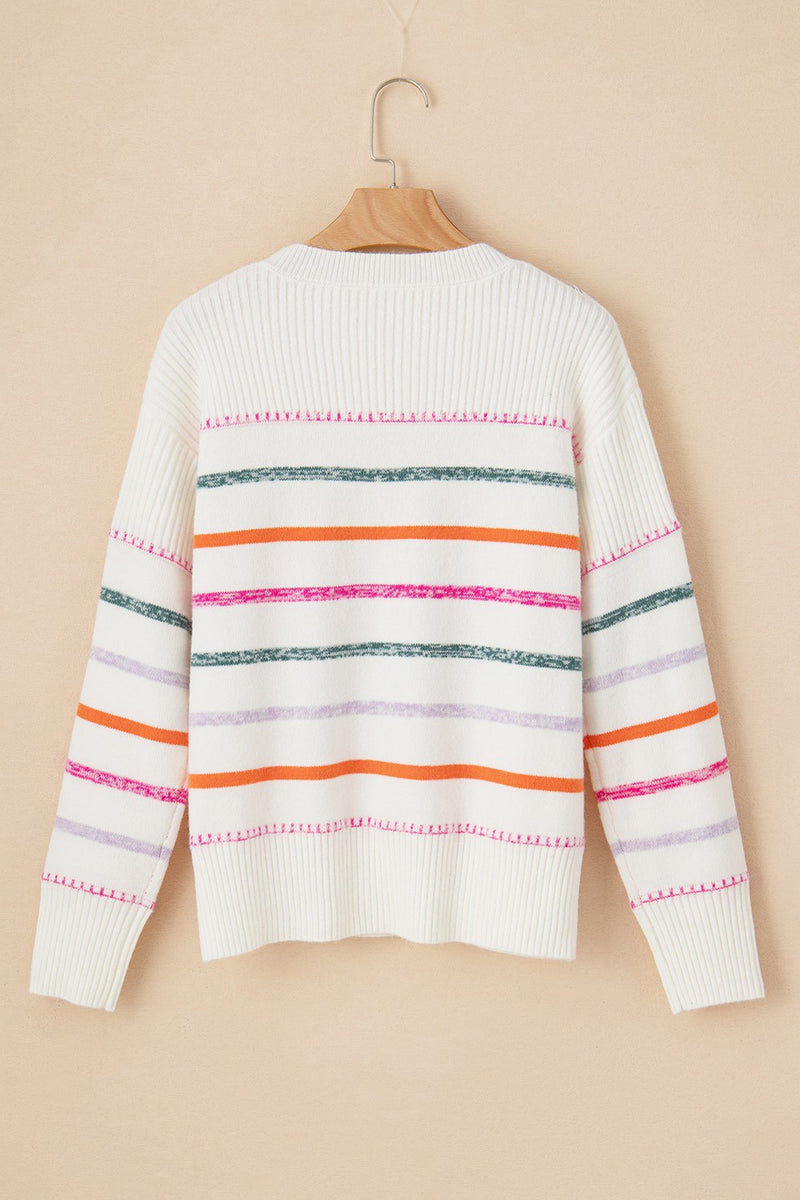 Striped Round Neck Dropped Shoulder Sweater - Maple Row Boutique 