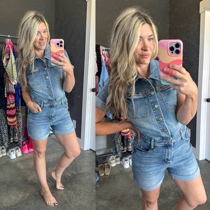 Delia High Rise Short Sleeve Romper - Maple Row Boutique 