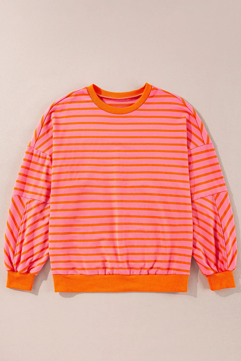 Striped Dropped Shoulder Long Sleeve Sweatshirt - Maple Row Boutique 