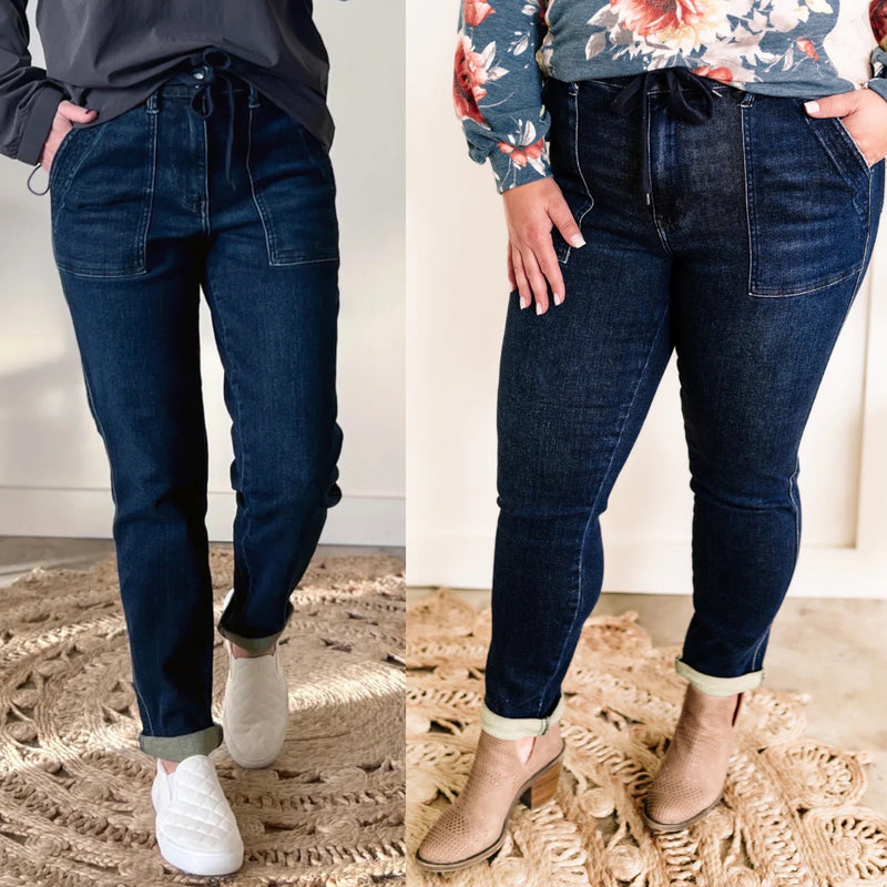Dark Wash Denim Cuffed Joggers By Judy Blue Jeans - Maple Row Boutique 