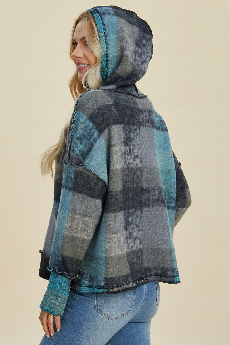 Double Take Full Size Plaid Dropped Shoulder Hoodie - Maple Row Boutique 