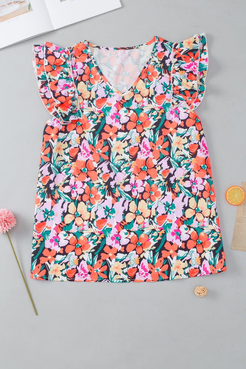 Ruffled Printed V-Neck Cap Sleeve Blouse - Maple Row Boutique 