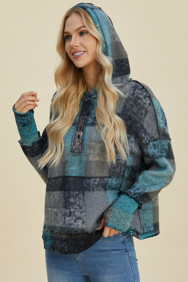 Double Take Full Size Plaid Dropped Shoulder Hoodie - Maple Row Boutique 