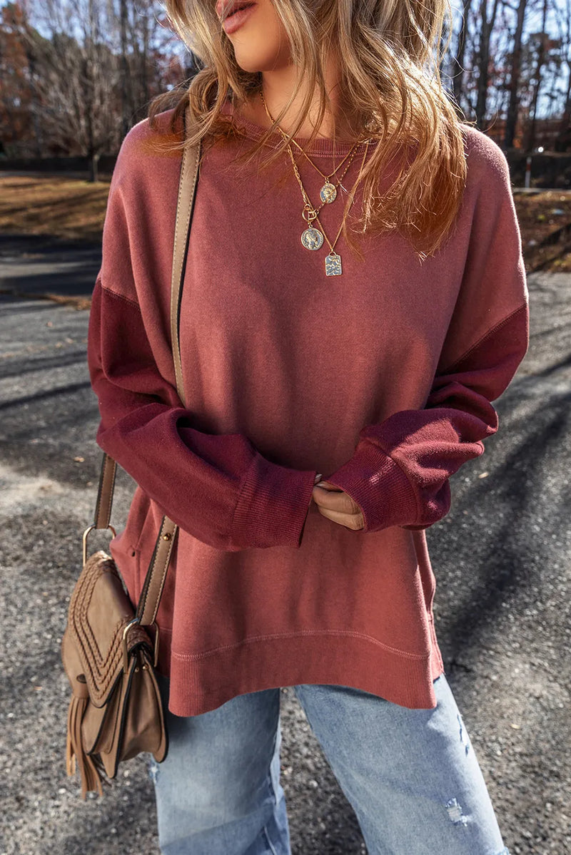 Contrast Round Neck Long Sleeve Sweatshirt - Maple Row Boutique 