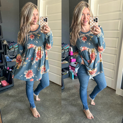 Long Sleeve Babydoll Top In Blue Florals - Maple Row Boutique 