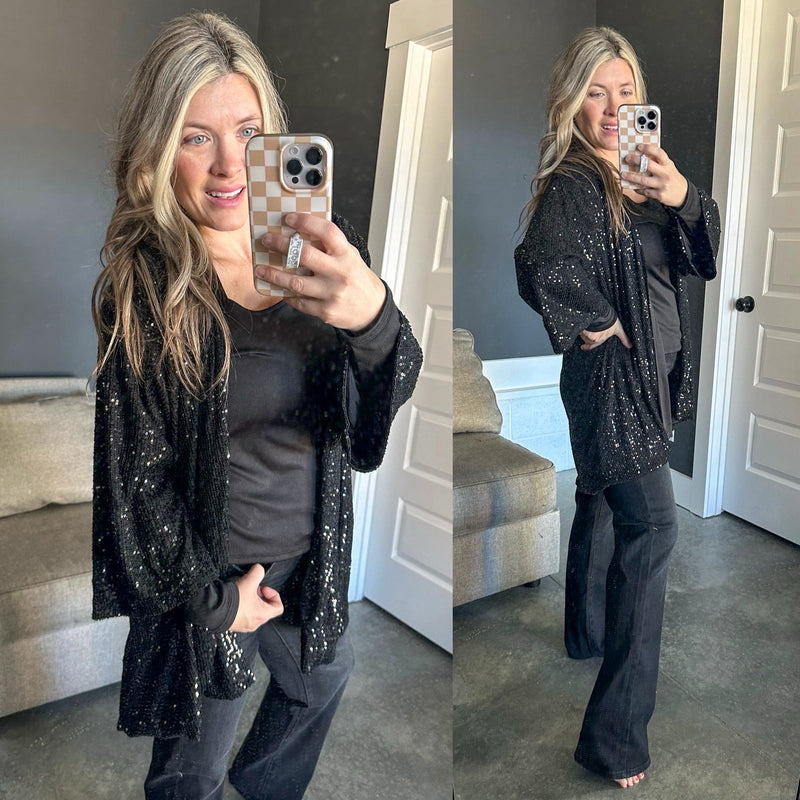 Holiday Black Sequin Open Lined Cardigan - Maple Row Boutique 