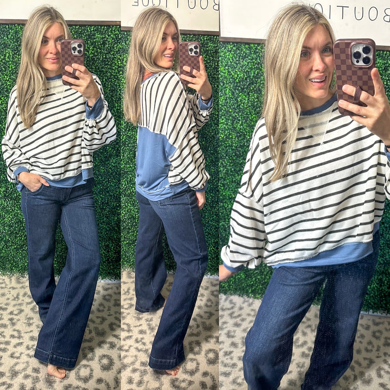 Cute in Comfort Crew Neck Pullover in White, Black and Denim