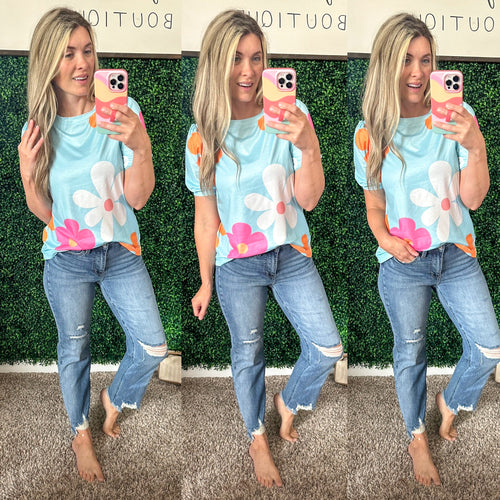 Flower Round Neck Short Sleeve Blouse - Maple Row Boutique 