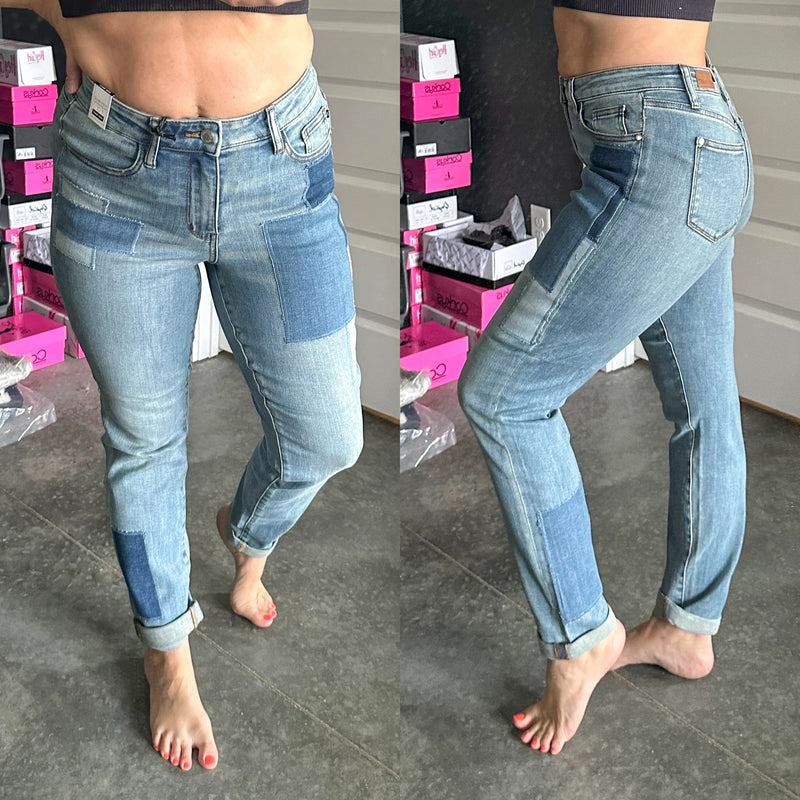 High Waisted Patch Boyfriend Judy Blue Jeans - Maple Row Boutique 