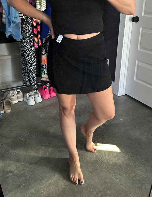 Bentli High Rise Side Tie Denim Skort in Black - Maple Row Boutique 
