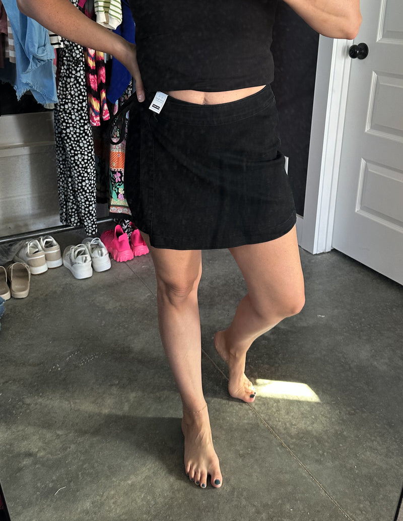 Bentli High Rise Side Tie Denim Skort in Black - Maple Row Boutique 