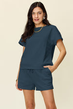Double Take Full Size Texture Short Sleeve T-Shirt and Drawstring Shorts Set - Maple Row Boutique 