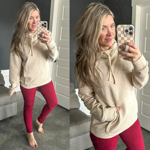 Textured Funnel Neck Pullover In Heathered Beige - Maple Row Boutique 